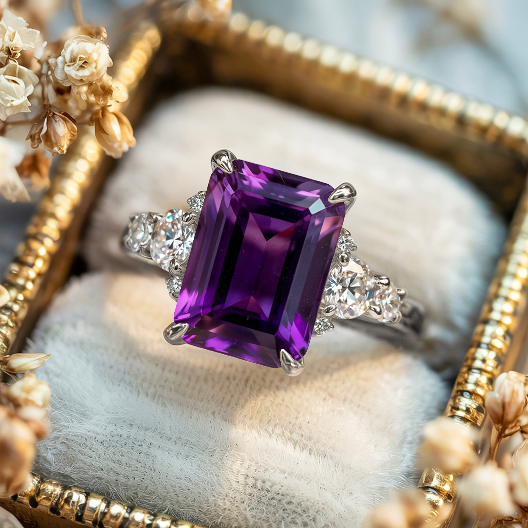 <The Bella Jewel 3CT Emerald Cut Purple Moissanite Ring>
ベラジュエル 3CT エメラルドカット パープルモアッサナイトリング
