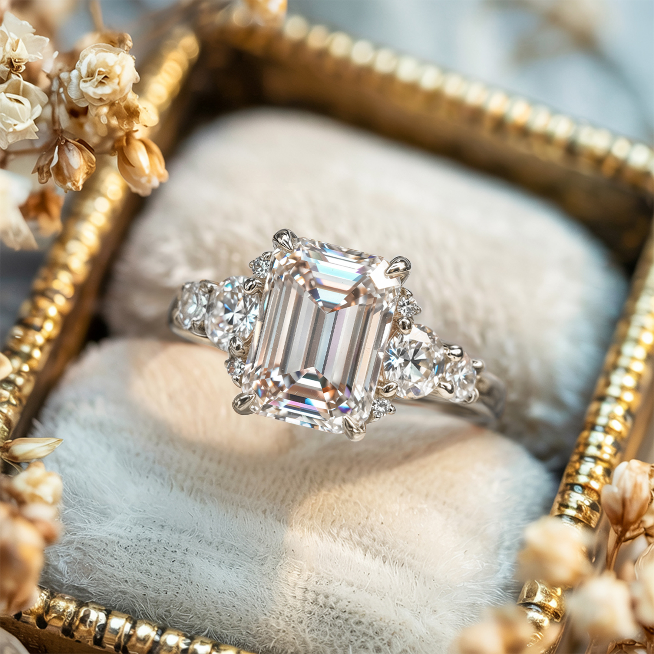 <The Bella Jewel 1CT Emerald Cut Moissanite Ring>ベラジュエル 1CT エメラルドカット モアッサナイトリング