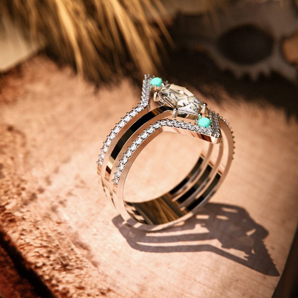 Elegant Calm Waters Turquoise Ring featuring a sterling silver band with big transparent cubic zirconia gemstone close up