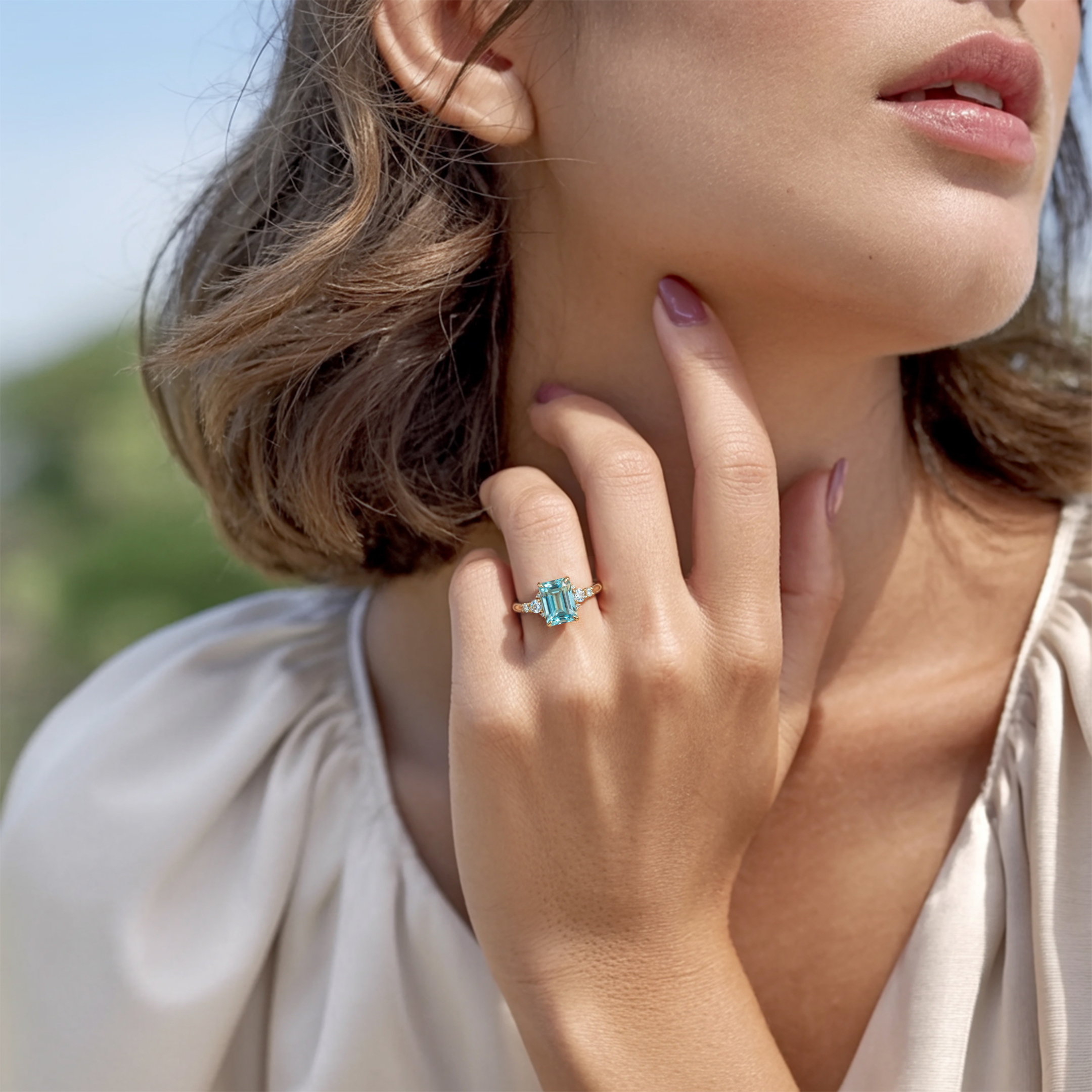 ベラ ジュエル 3CT エメラルドカット ブルー モアッサナイト リング