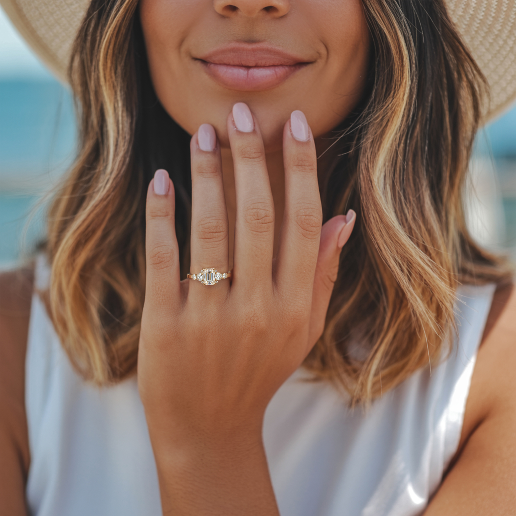 <The Bella Jewel 1CT Emerald Cut Moissanite Ring>ベラジュエル 1CT エメラルドカット モアッサナイトリング