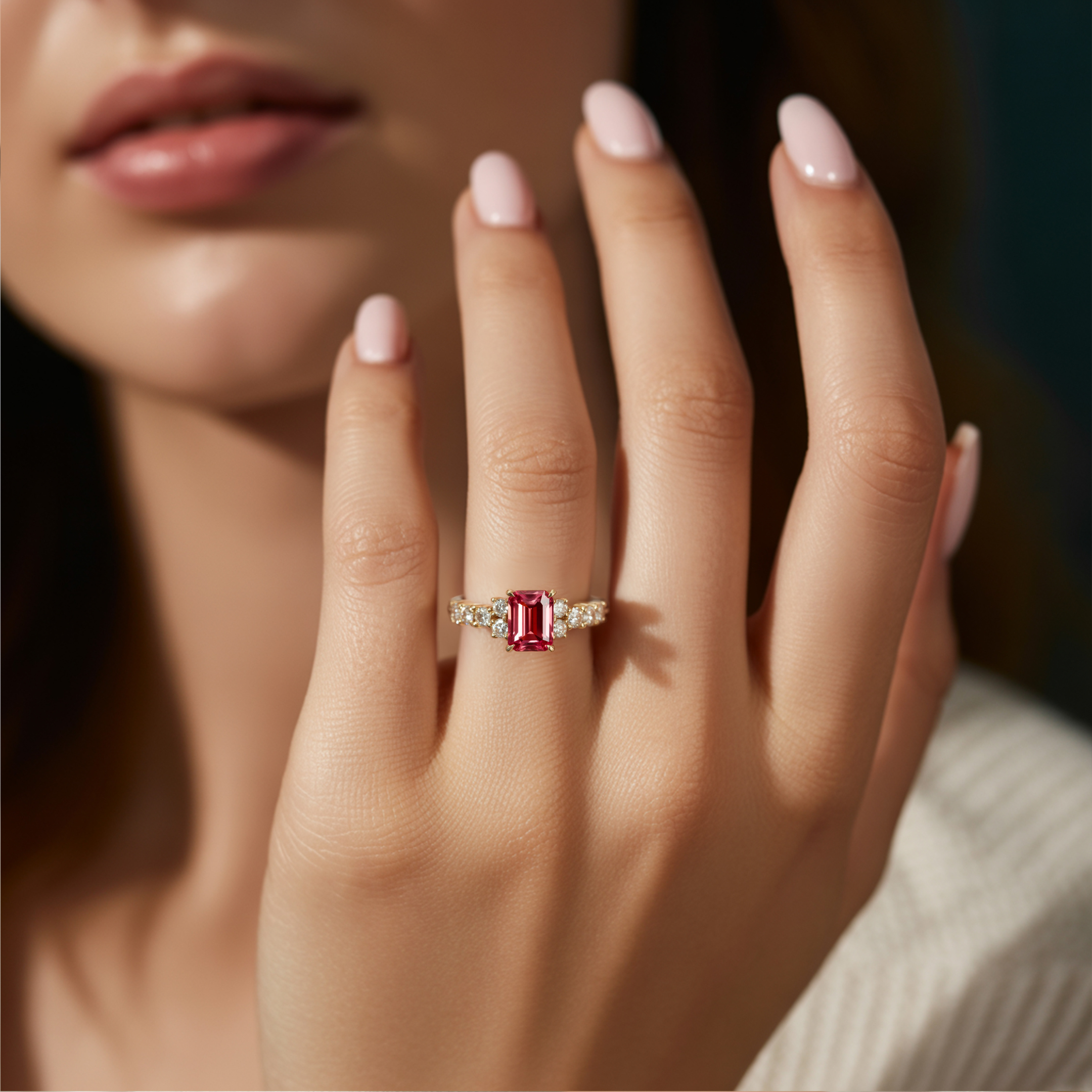 アデリナ・レイ 2CT エメラルドカット レッドモアッサナイトリング