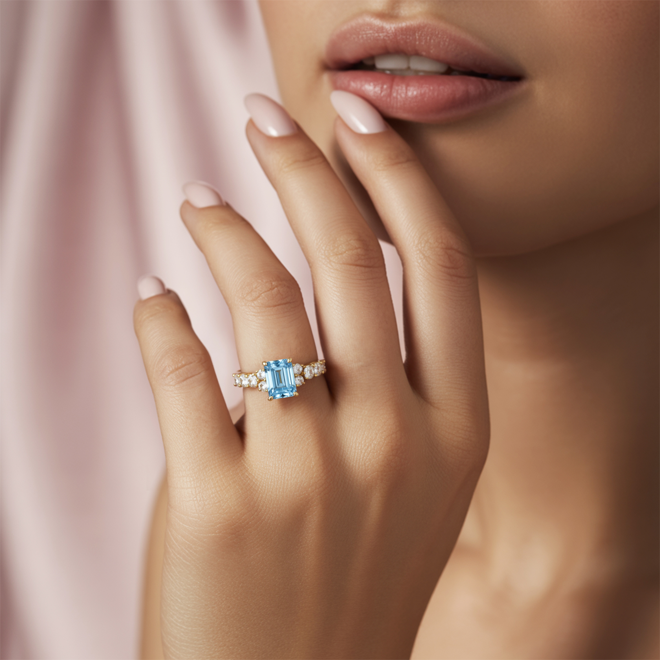 アデリナ・レイ 2CT エメラルドカット ブルーモアサナイトリング