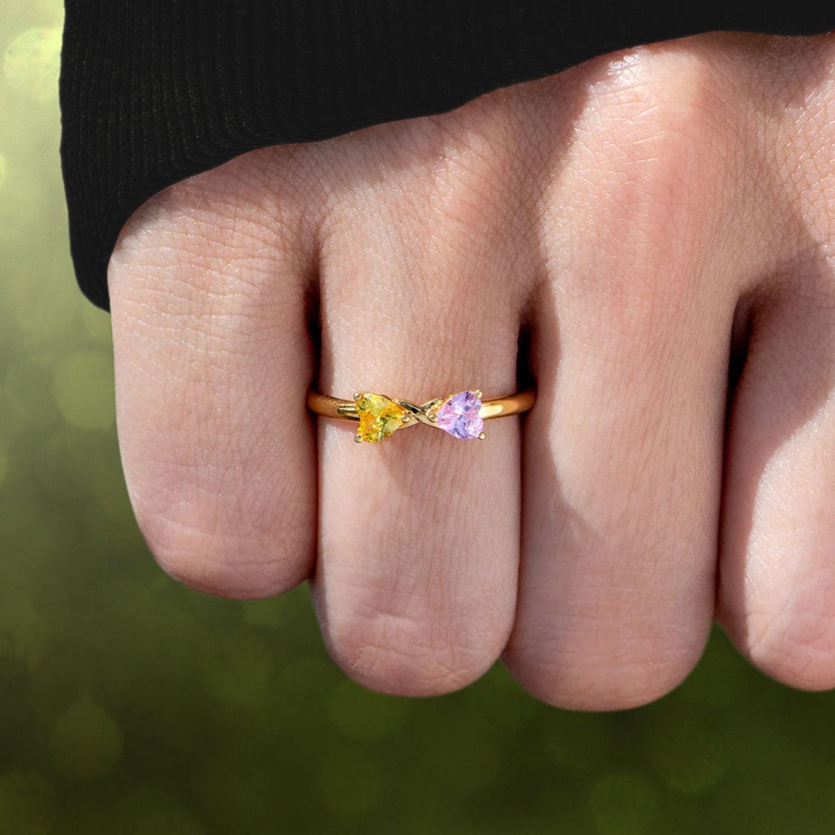 パーソナライズされた二つのハート誕生石リング - S925スターリングシルバー