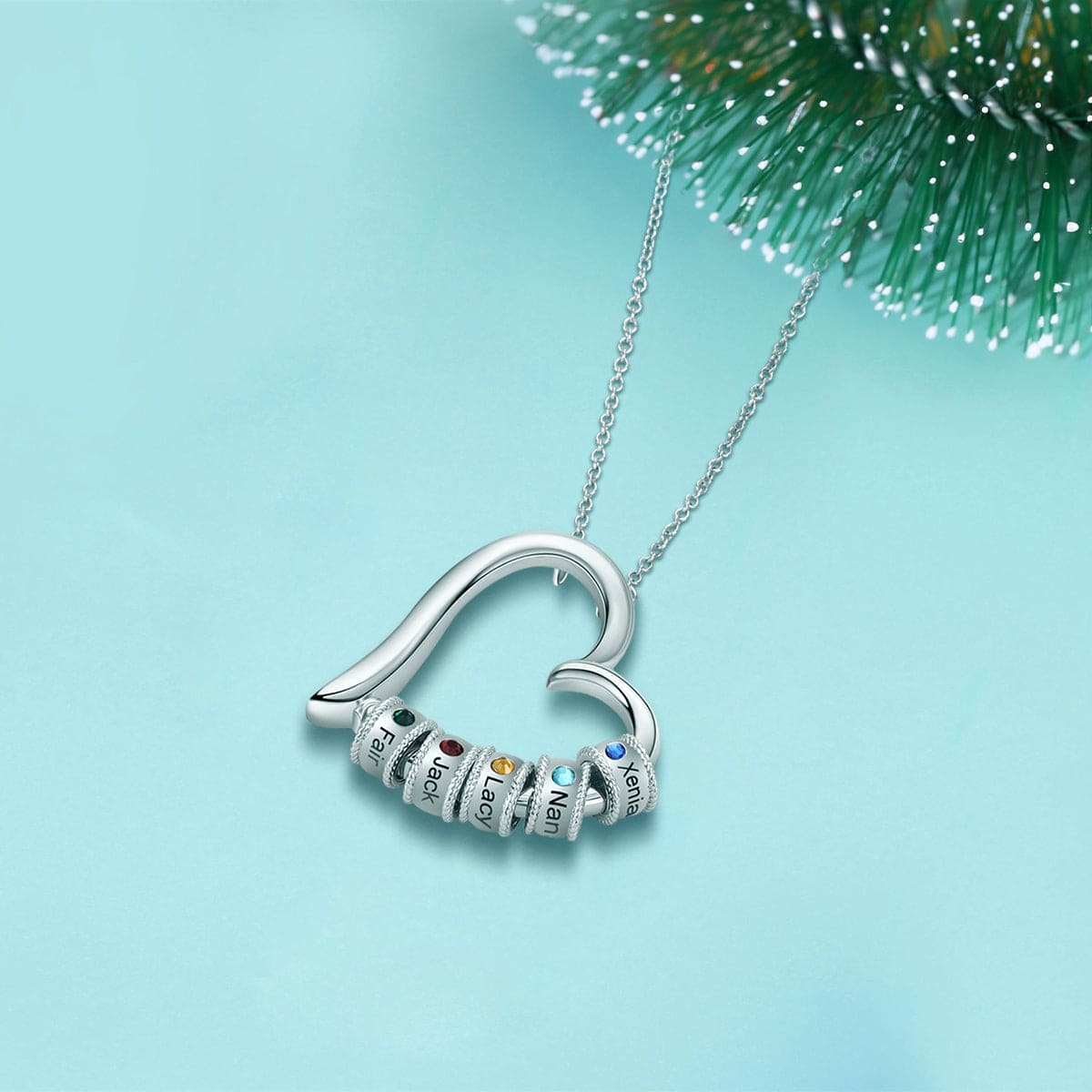 名前入りパーソナライズ家族ハート型誕生石ネックレス - ステンレス製
