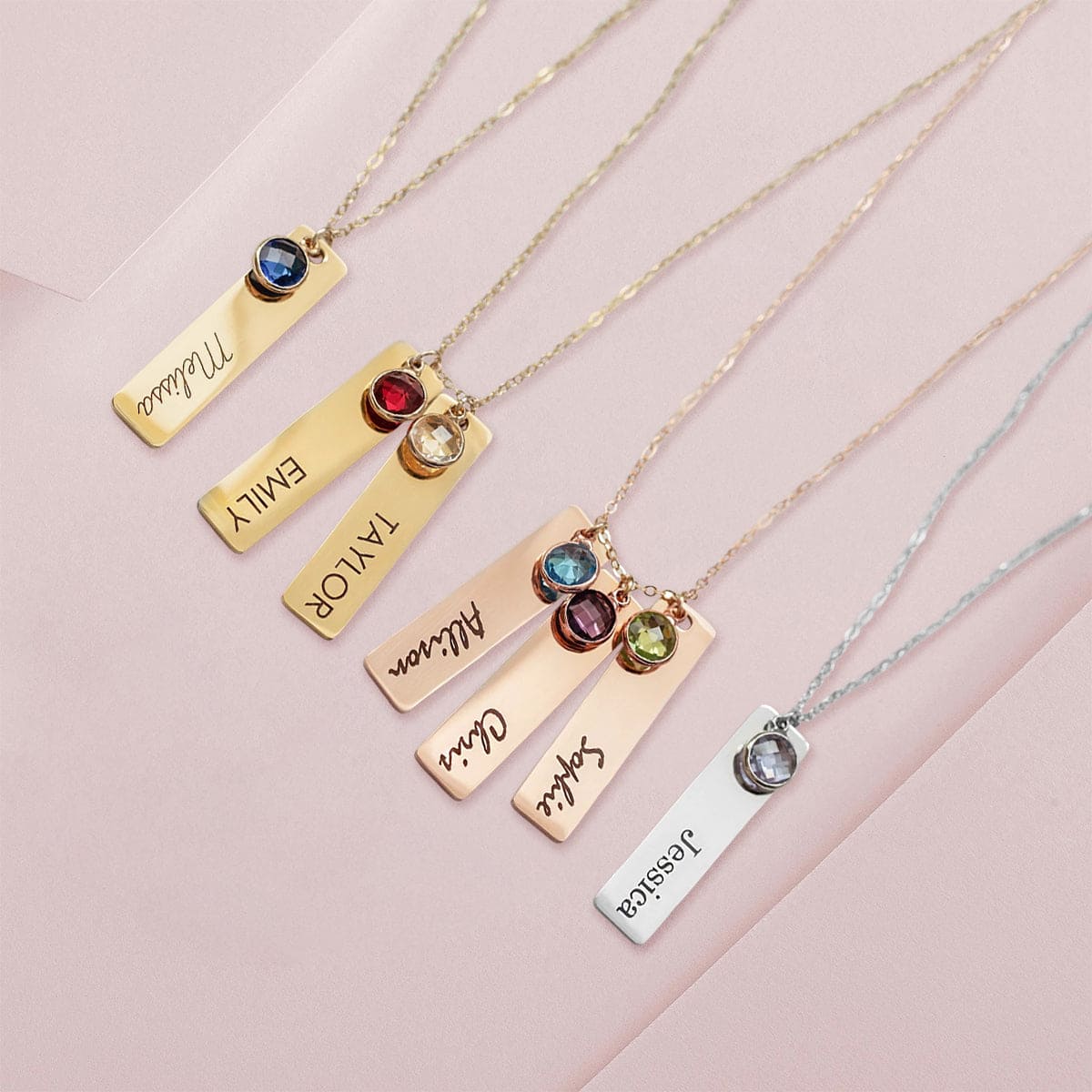 Personalized Custom Engraving Birthstone Bar Necklace - Stainless Steel