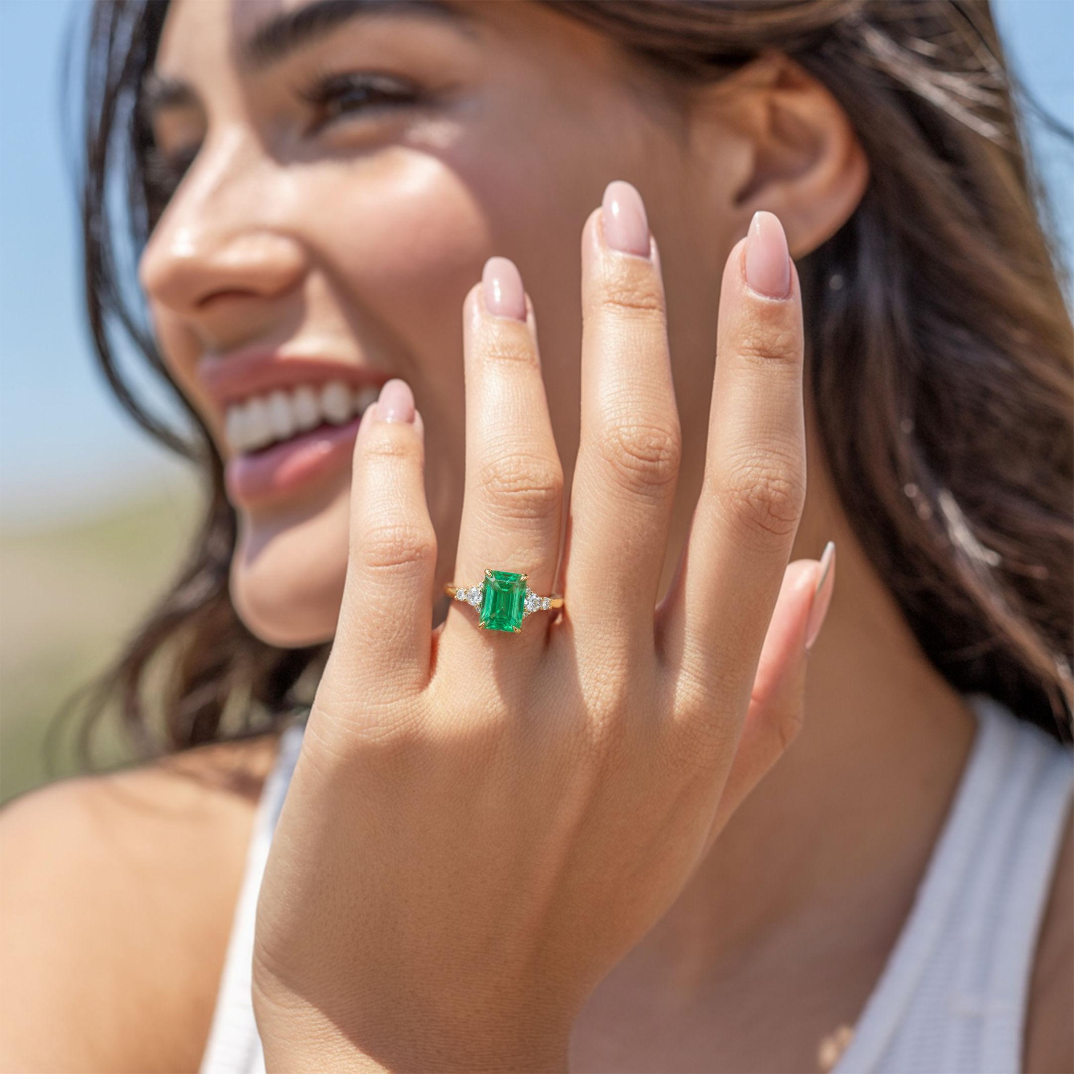 <The Bella Jewel 3CT エメラルドカット グリーン モアッサナイトリング>