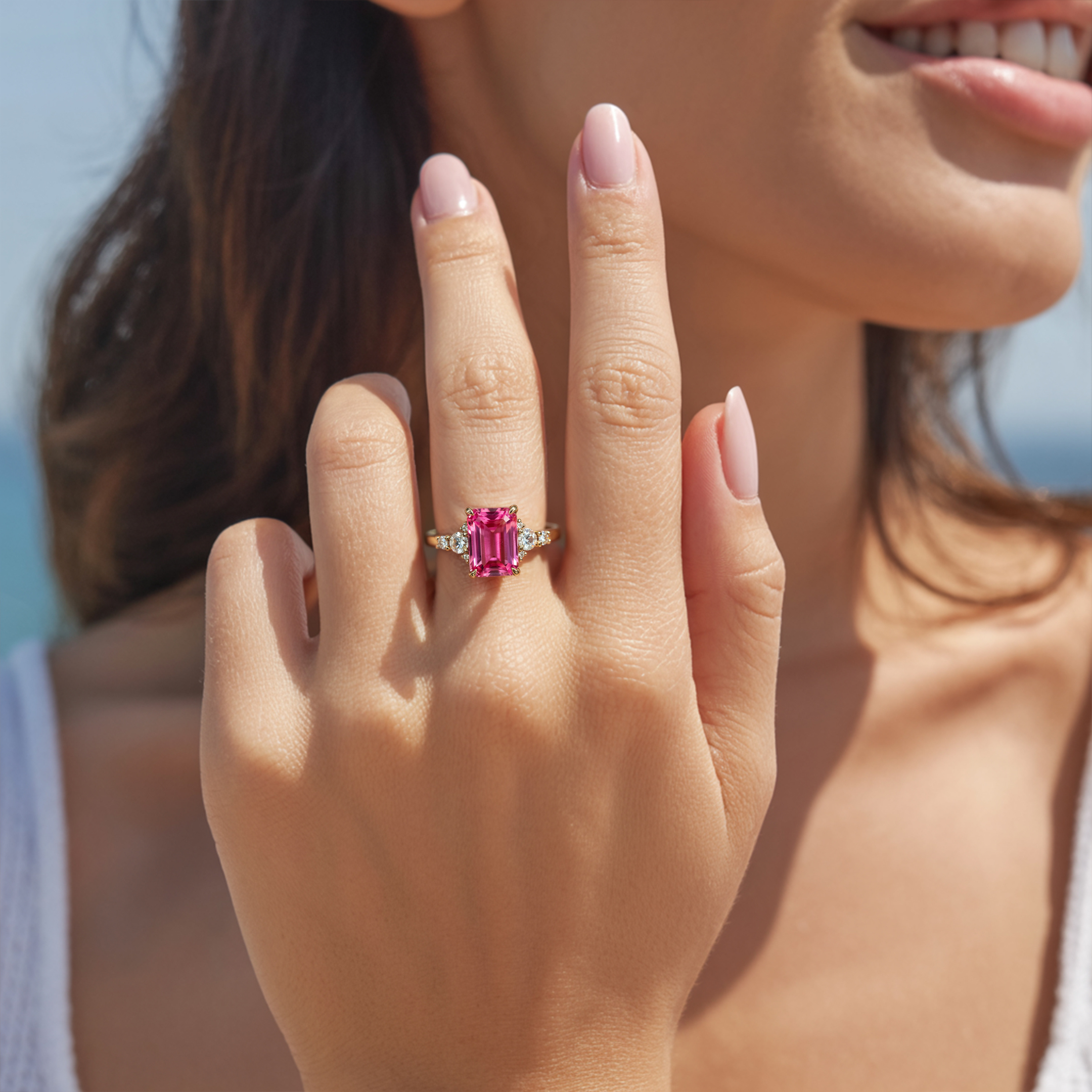 <The Bella Jewel 3CT エメラルドカット ピンクモアッサナイトリング>