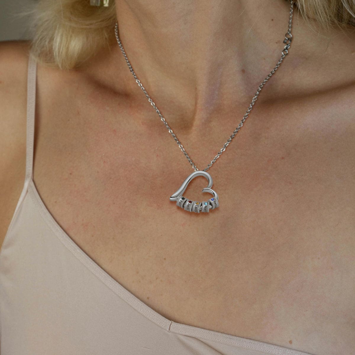 名前入りパーソナライズ家族ハート型誕生石ネックレス - ステンレス製