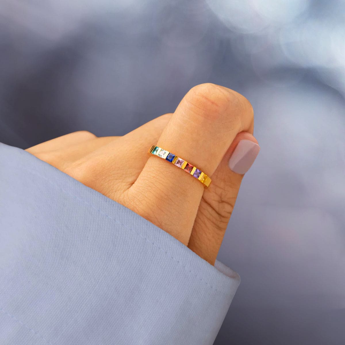 Personalized Family Birthstones Square Cut Ring - S925 Sterling Silver