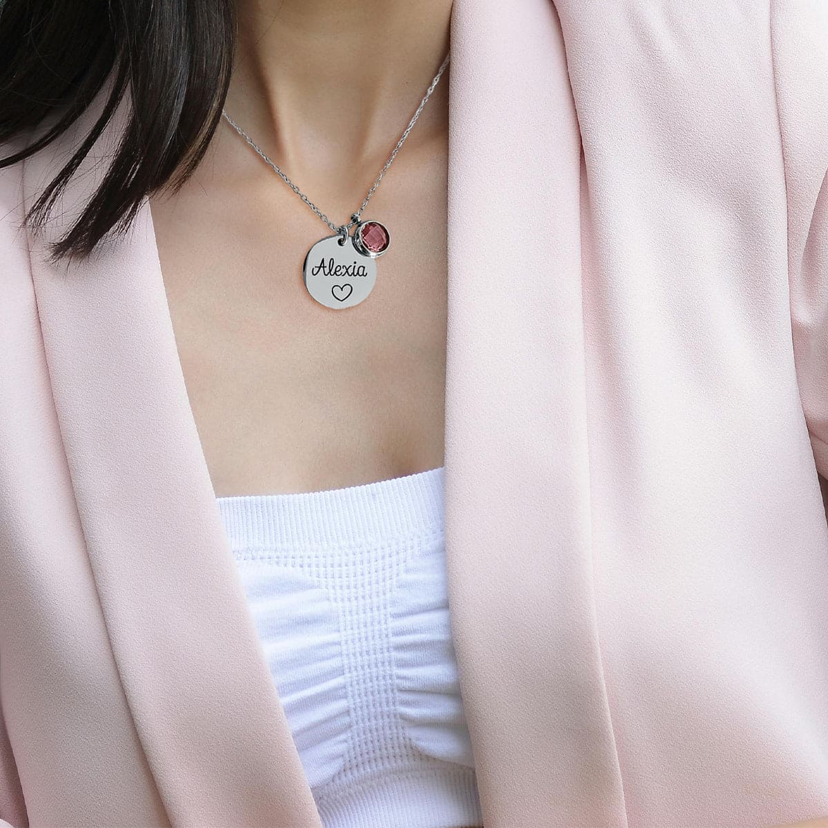 パーソナライズ名刻印ディスク 誕生石ペンダントネックレス - ステンレス製