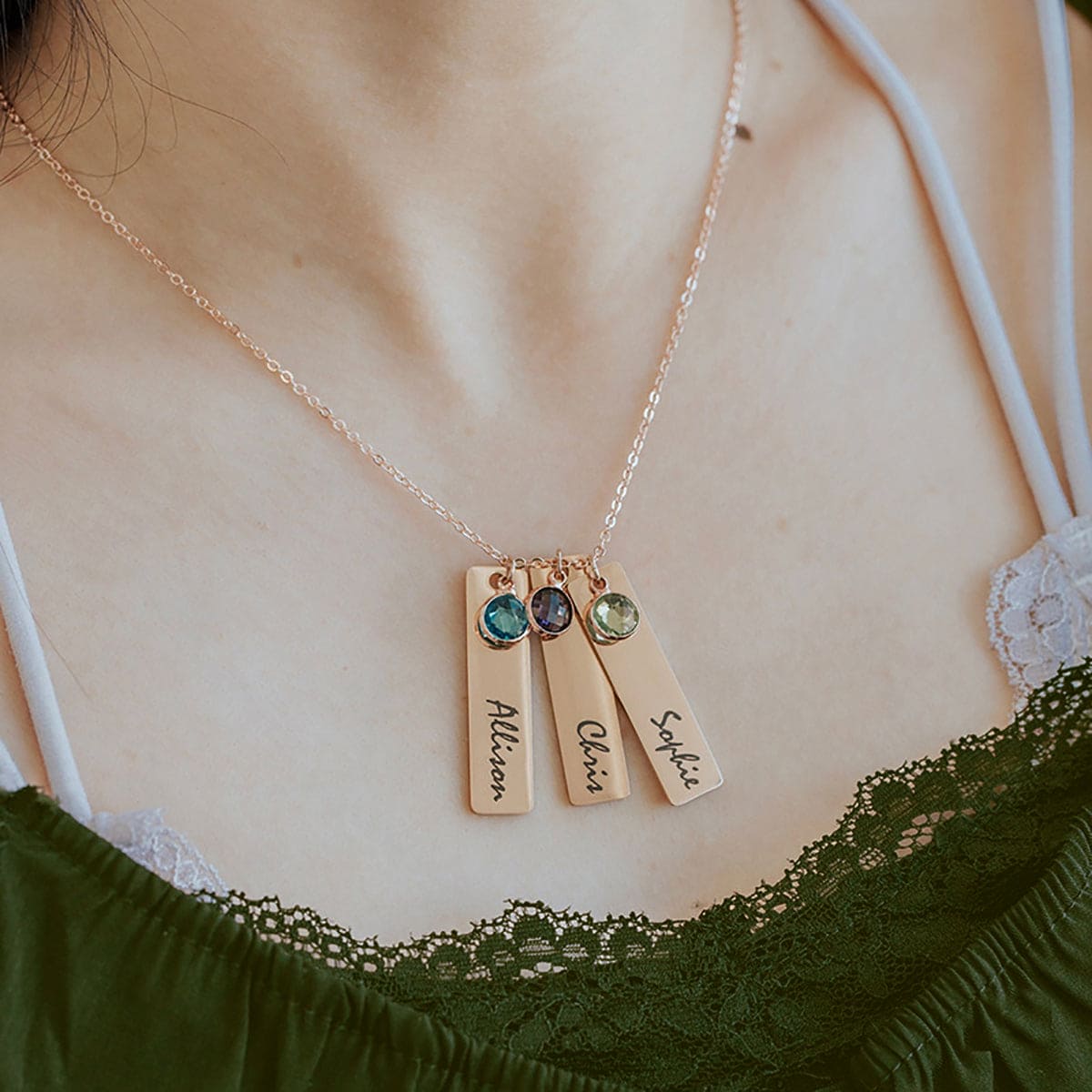 Personalized Custom Engraving Birthstone Bar Necklace - Stainless Steel