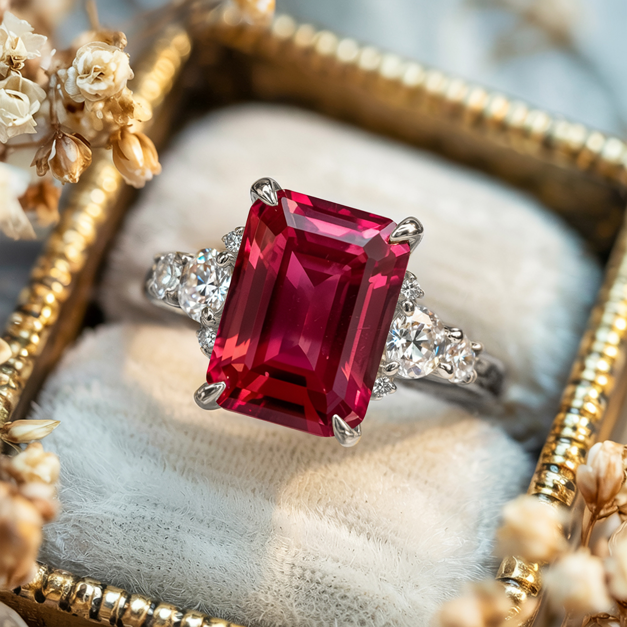 <The Bella Jewel 3CT Emerald Cut Red Moissanite Ring>
ベラジュエル 3CT エメラルドカット レッドモアサナイトリング