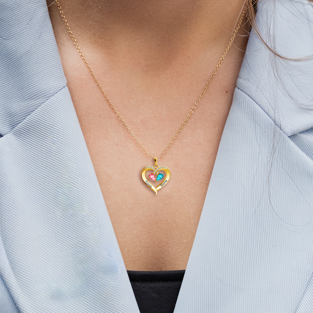 美しい妻 | カスタム2つの誕生石ハートネックレス