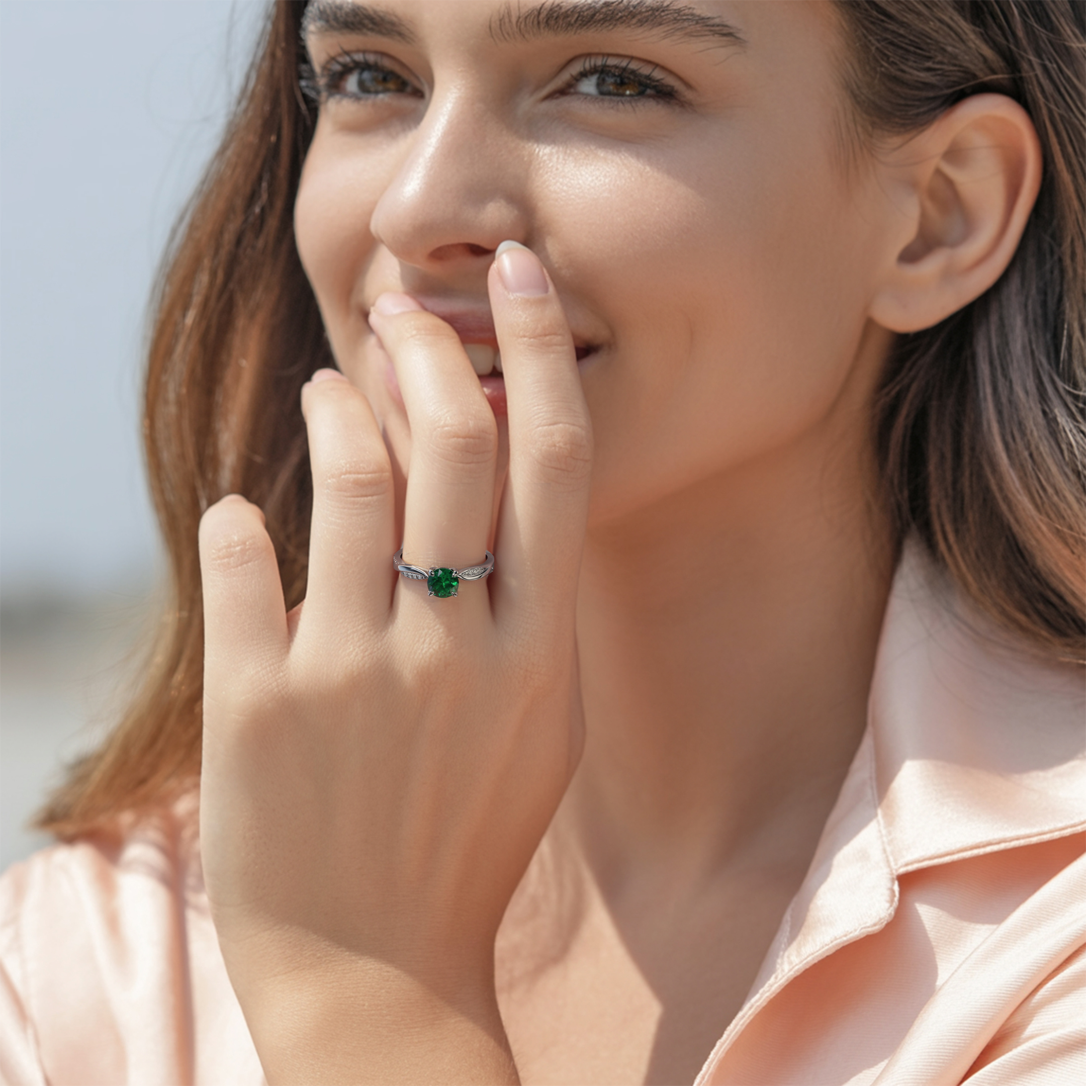 ツイストバンド 1CT ラウンドカット グリーンモアッサナイトリング