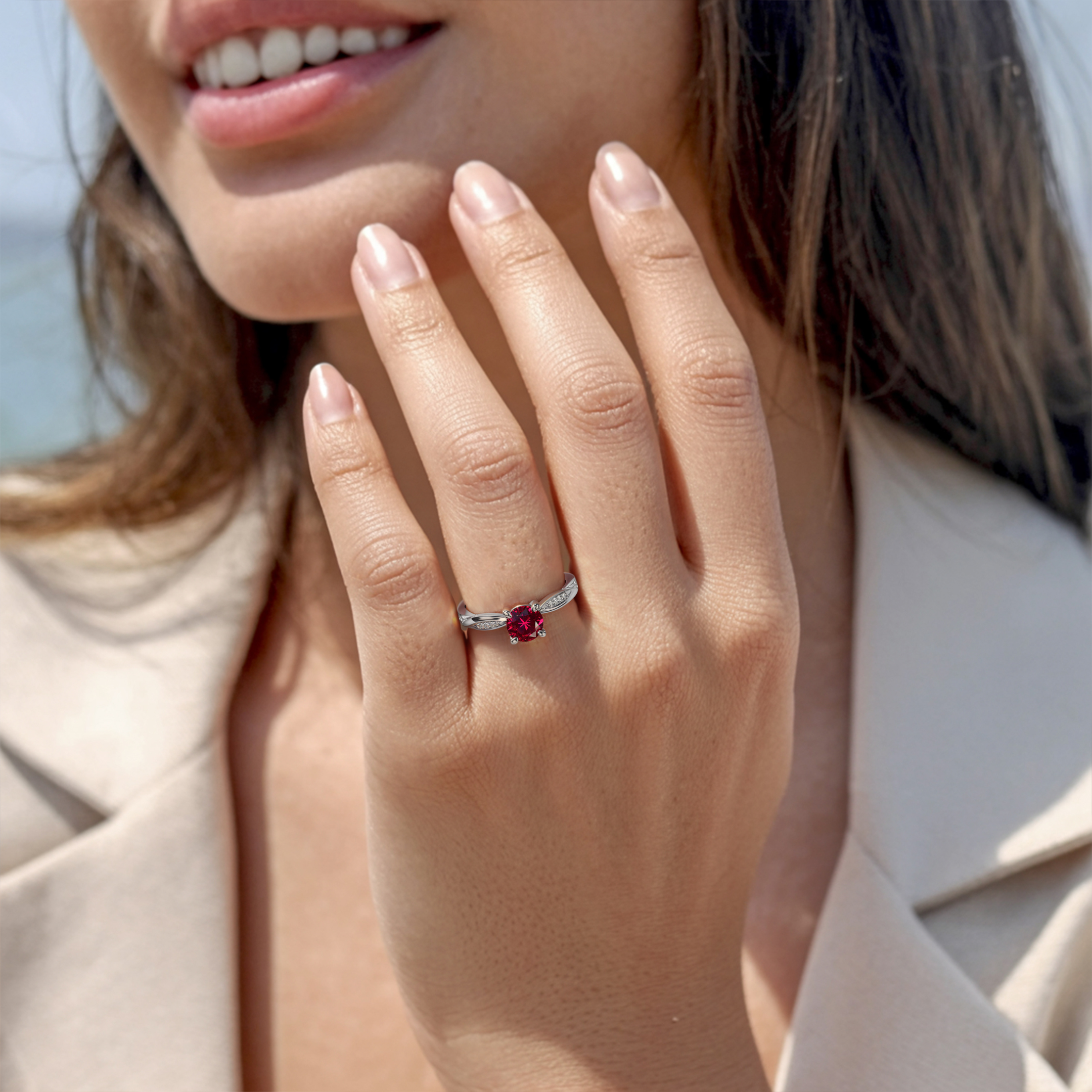 ツイストバンド 1CT ラウンドカット レッドモアサナイトリング