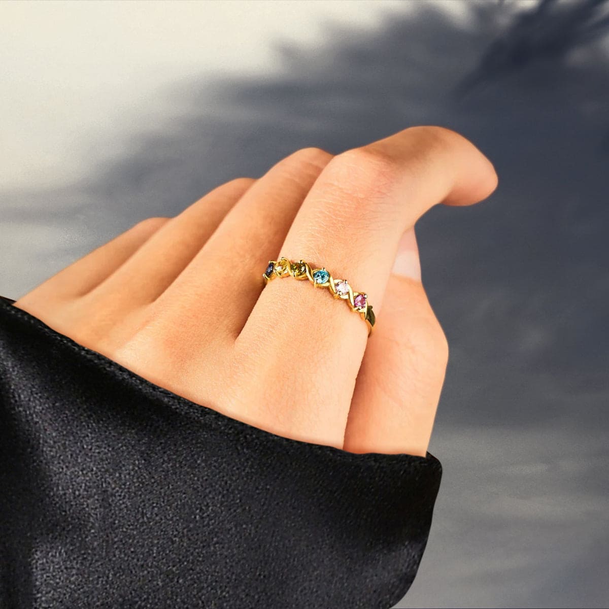 パーソナライズされた家族の誕生石クロワッサンリング - S925スターリングシルバー