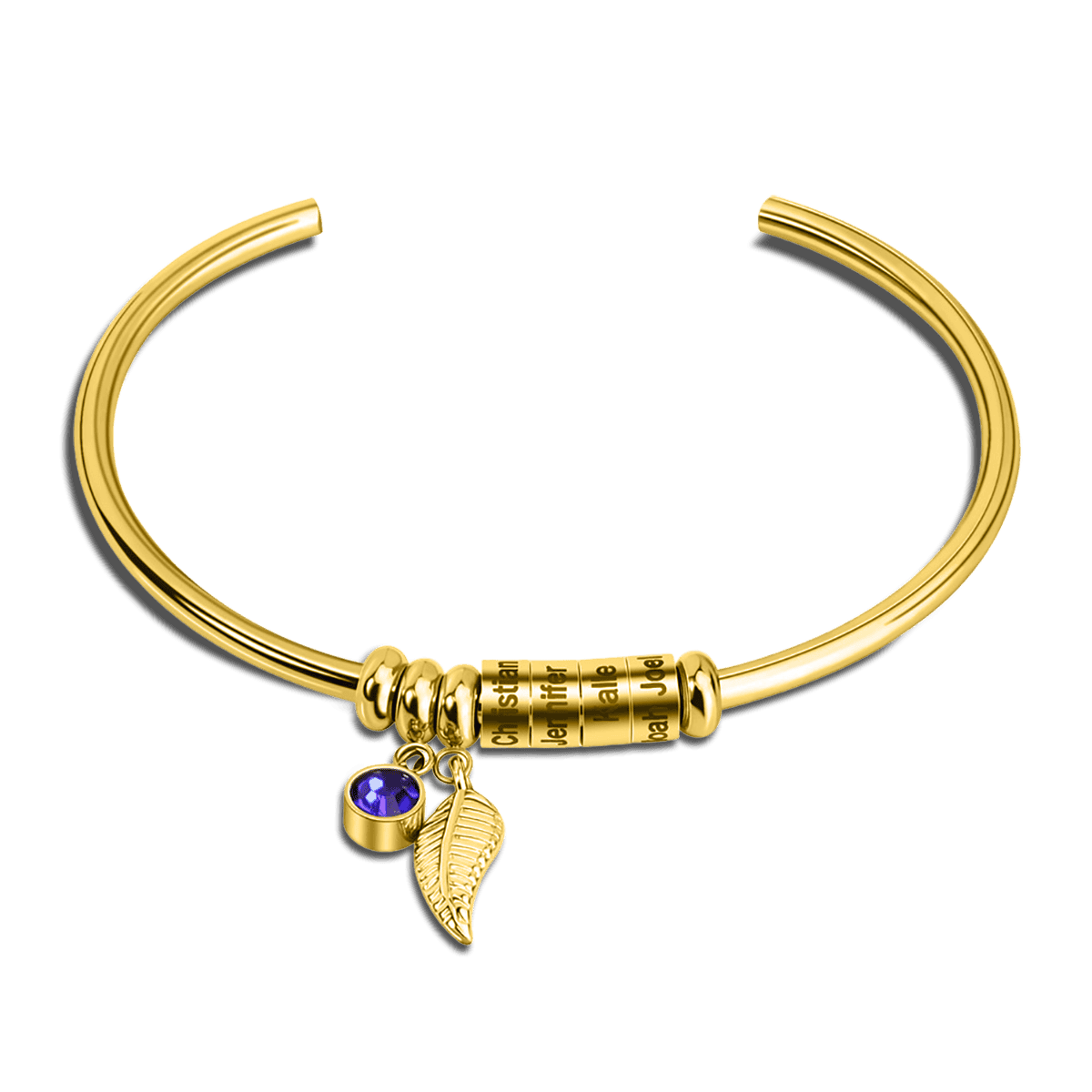 パーソナライズ誕生石ビーズと家族の名前バングルブレスレット - ステンレススチール