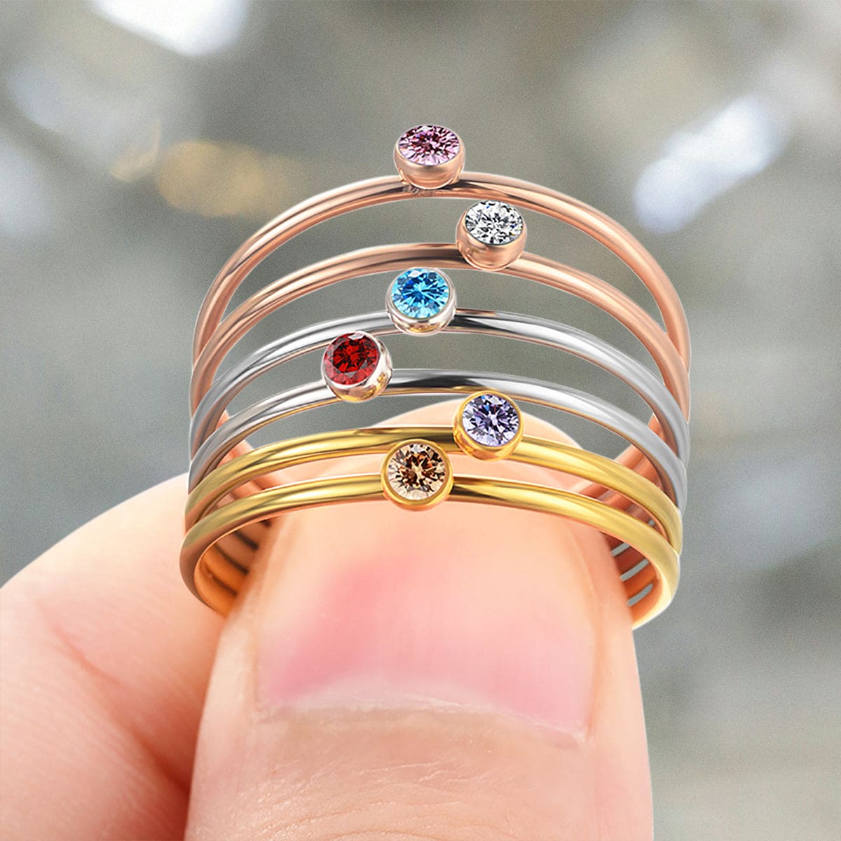 Personalized Family Birthstones Stackable Ring - Stainless Steel