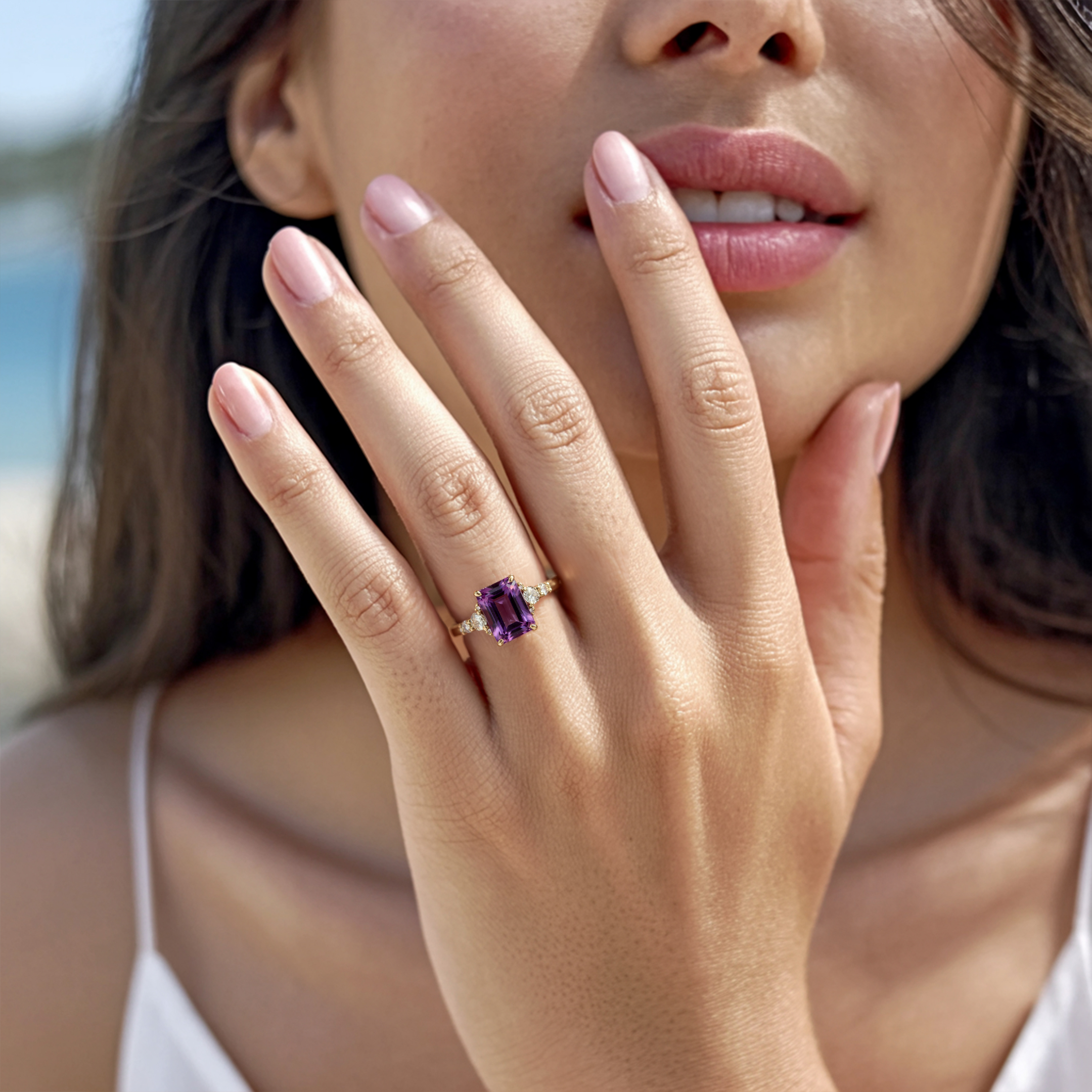 <The Bella Jewel 3CT Emerald Cut Purple Moissanite Ring>
ベラジュエル 3CT エメラルドカット パープルモアッサナイトリング