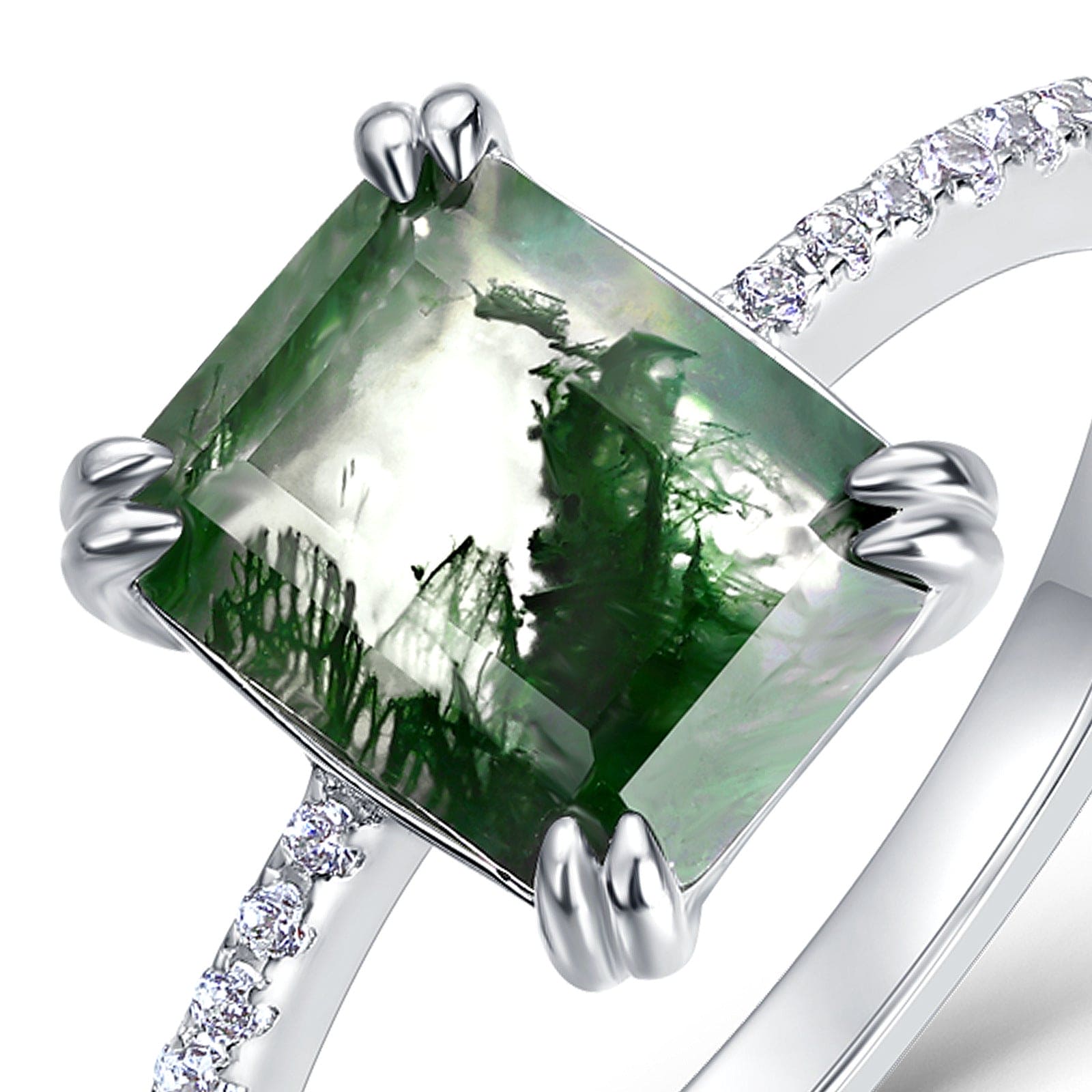 パヴェダイヤモンド 六角形カット 天然モスアゲートリング - S925スターリングシルバー