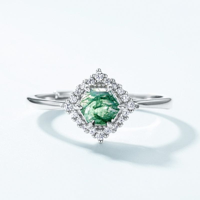 六角形天然モスアゲート ハローダイヤモンドリング - S925スターリングシルバー