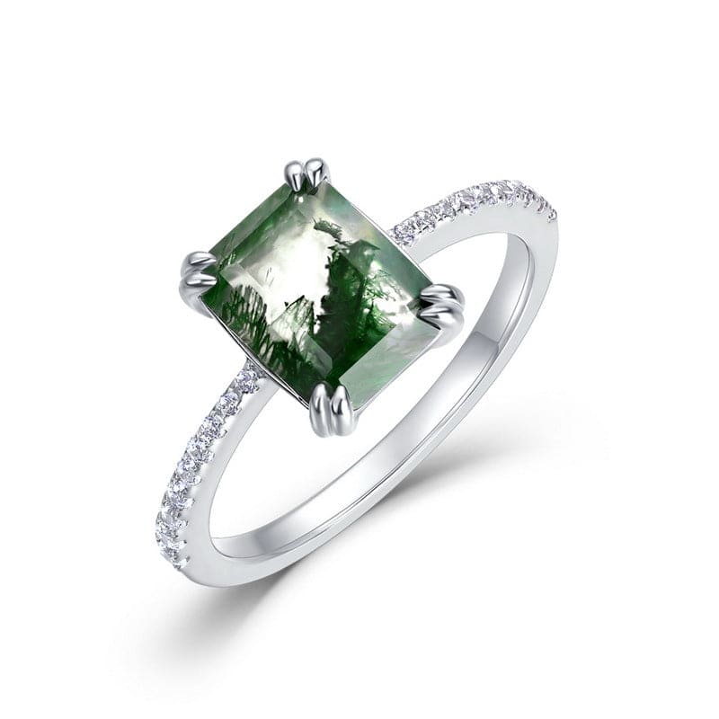 パヴェダイヤモンド 六角形カット 天然モスアゲートリング - S925スターリングシルバー