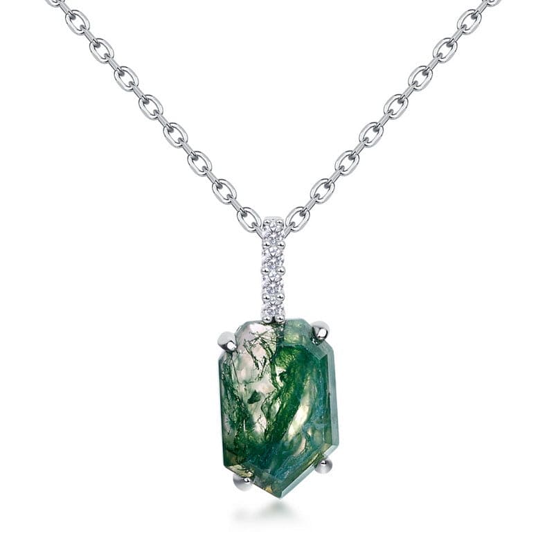 棺桶型 天然モスアゲート コラム ペンダント ネックレス - S925 スターリングシルバー