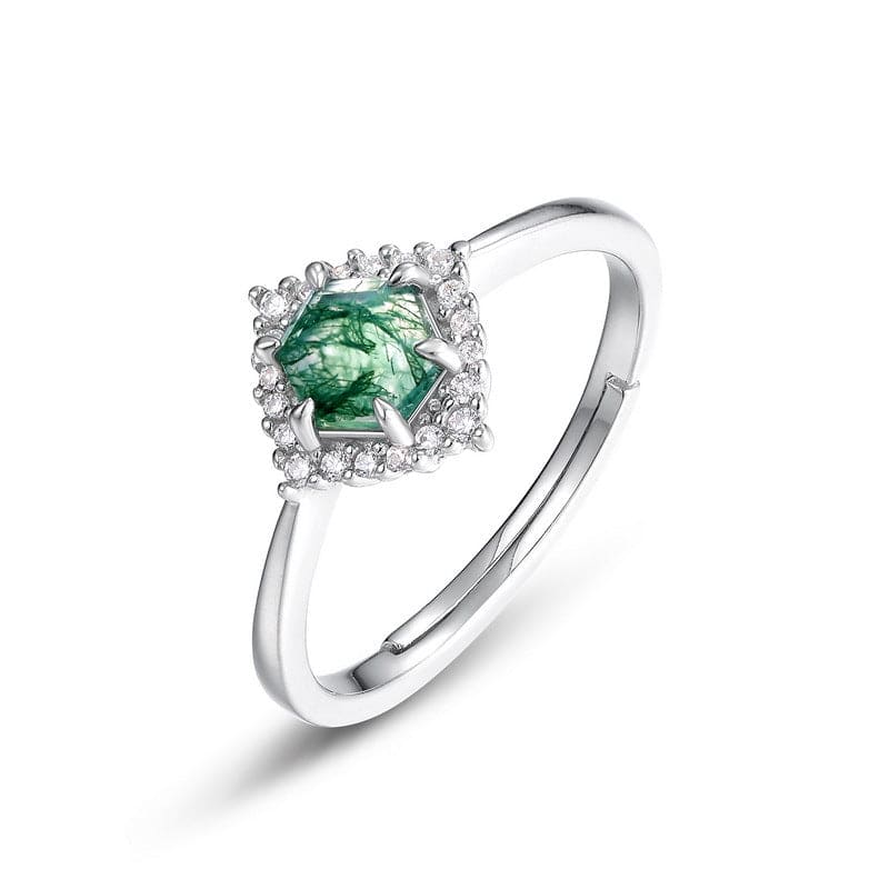 六角形天然モスアゲート ハローダイヤモンドリング - S925スターリングシルバー