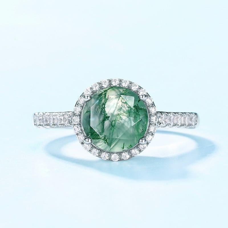 オーバル 天然モスアゲート&ダイヤモンドリング - S925スターリングシルバー