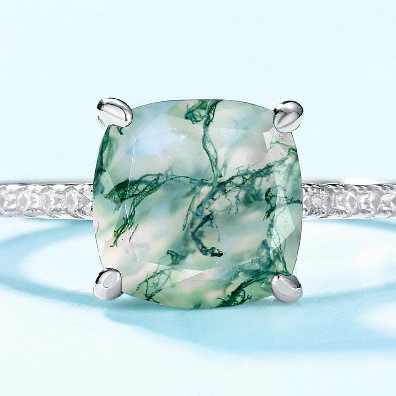 Cushion Cut Natural Moss Agate Pavé Ring - S925 Sterling Silver