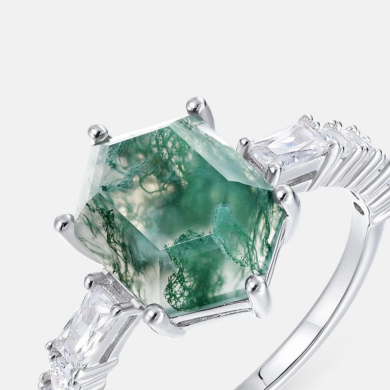 六角形天然モスアゲート バゲットアクセントリング - S925スターリングシルバー