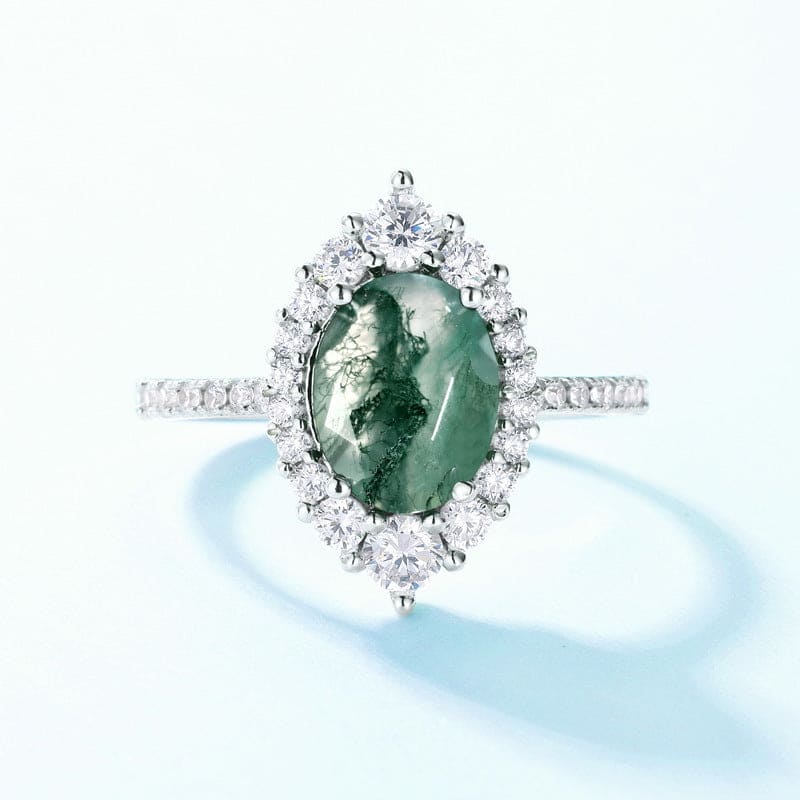 オーバル 天然モスアゲート ハローリング - S925 スターリングシルバー