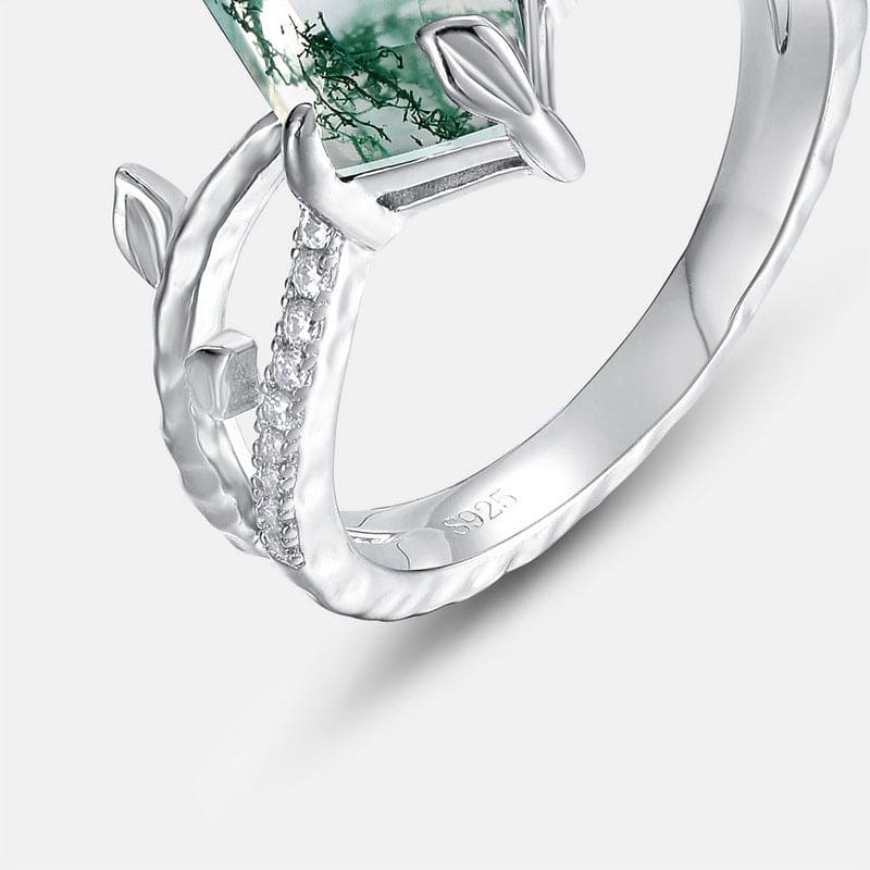 カイトカット 天然モスアゲート ダイヤモンド エンブレイスリング - S925 スターリングシルバー