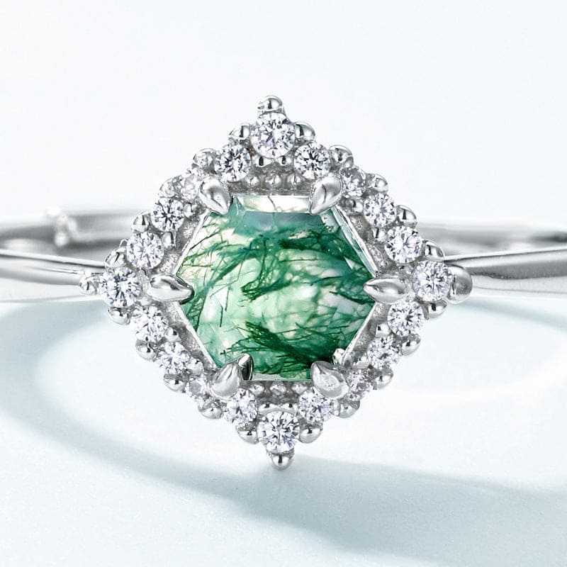 六角形天然モスアゲート ハローダイヤモンドリング - S925スターリングシルバー