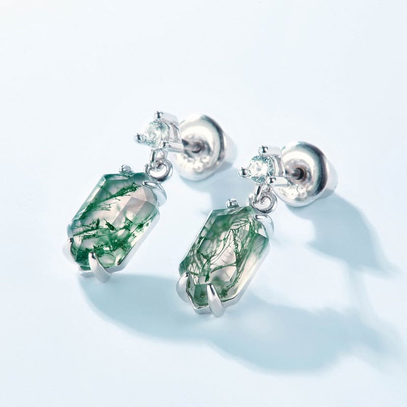 バレルカット 天然モスアゲート ダングルピアス - S925 スターリングシルバー