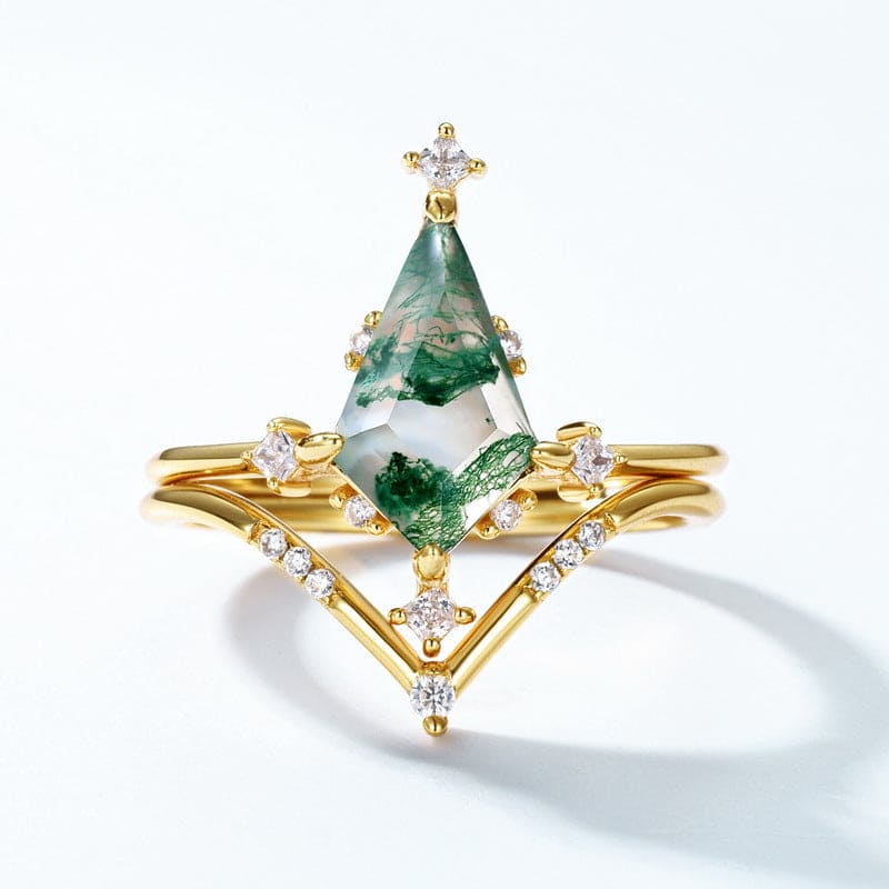 カイトカット 天然モスアゲート ゴールドリングセット - S925 スターリングシルバー