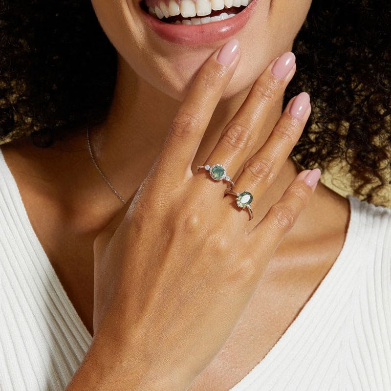 ヘイロー ラウンドカット 天然モスアゲート オパールセントリング - S925 スターリングシルバー