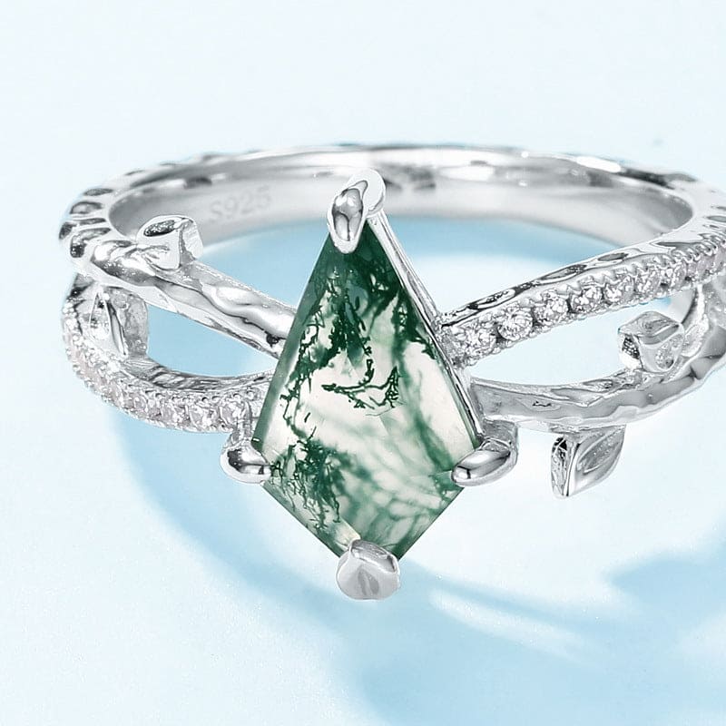 カイトカット 天然モスアゲート ダイヤモンド エンブレイスリング - S925 スターリングシルバー