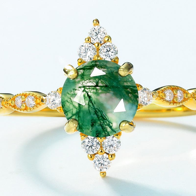 マーキスカット 天然モスアゲート サンバースト ゴールドリング - S925スターリングシルバー