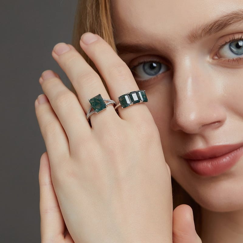 クッションカット 天然モスアゲート ダイヤモンドヘイローリング - S925スターリングシルバー