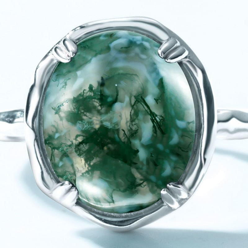 オーガニックフロー 天然モスアゲートリング - S925スターリングシルバー