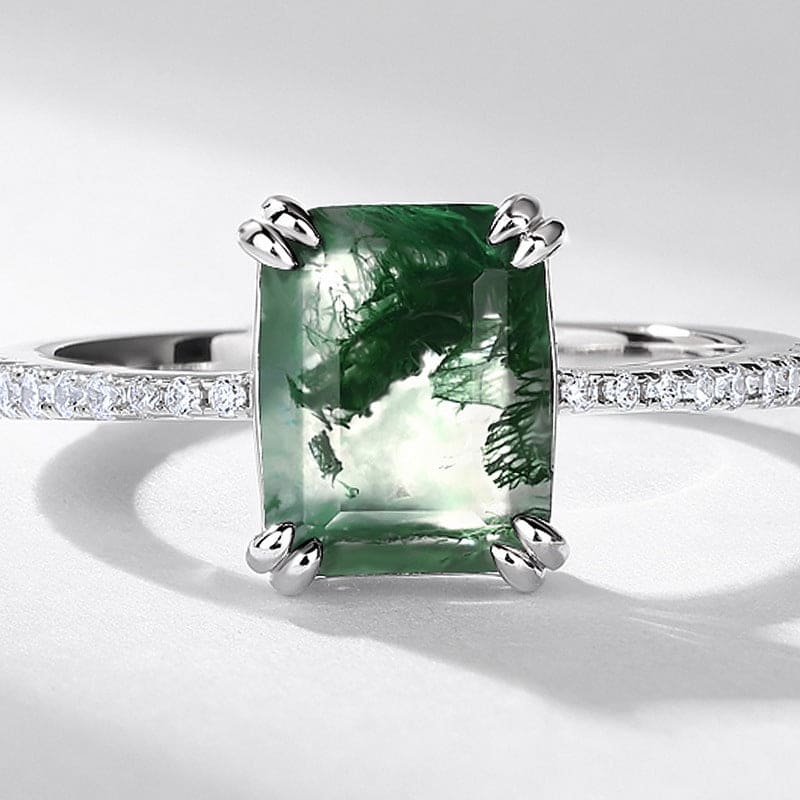 パヴェダイヤモンド 六角形カット 天然モスアゲートリング - S925スターリングシルバー