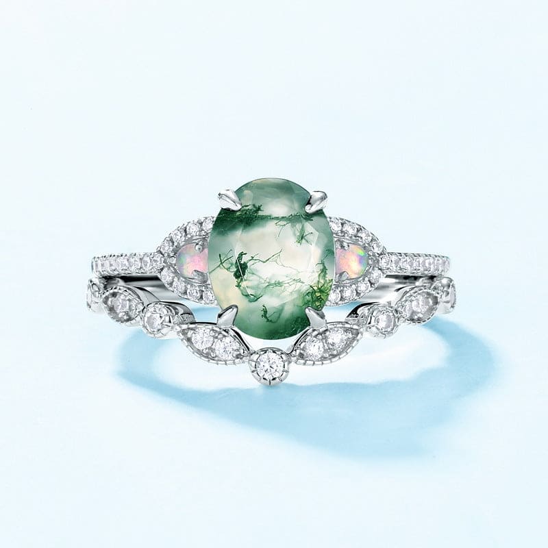 オーバルカット モスアゲート ダイヤモンド カーブバンドリングセット - S925スターリングシルバー