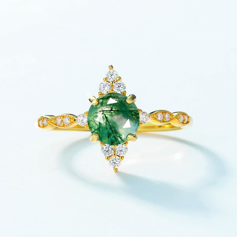 マーキスカット 天然モスアゲート サンバースト ゴールドリング - S925スターリングシルバー