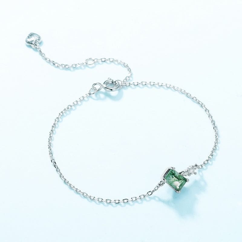 スクエアカット 天然モスアゲート チャームブレスレット - S925スターリングシルバー