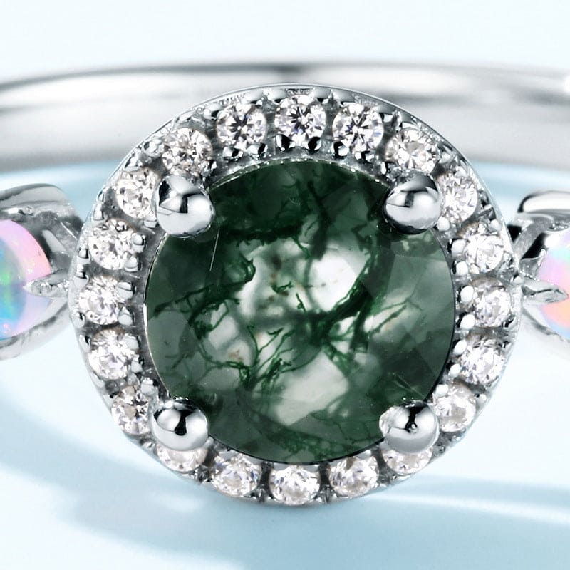 ヘイロー ラウンドカット 天然モスアゲート オパールセントリング - S925 スターリングシルバー