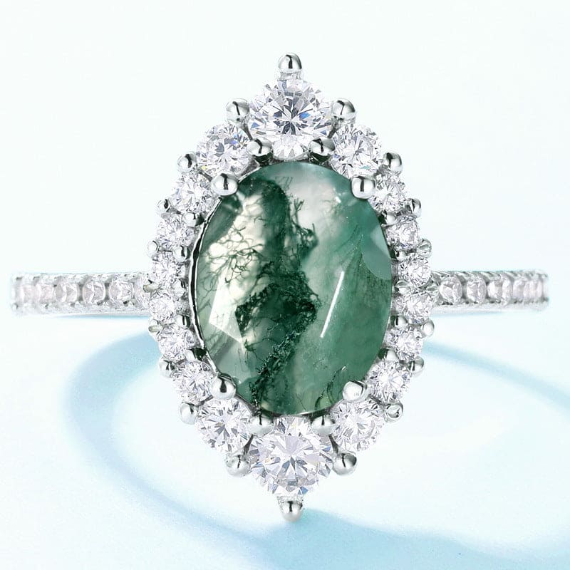 オーバル 天然モスアゲート ハローリング - S925 スターリングシルバー