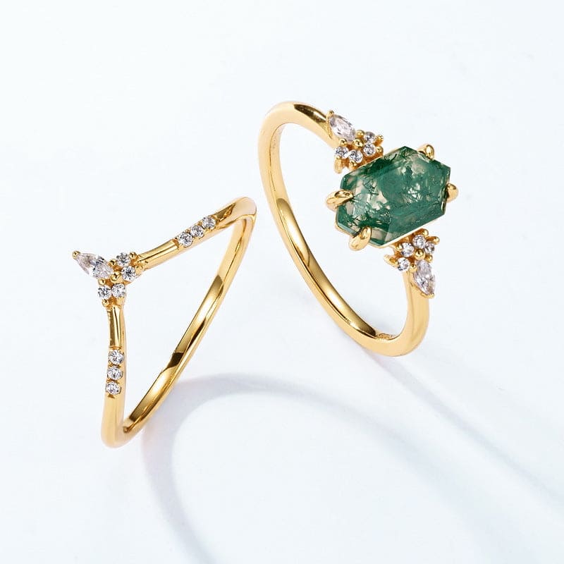 六角形カット 天然モスアゲート ゴールドリングセット - S925スターリングシルバー