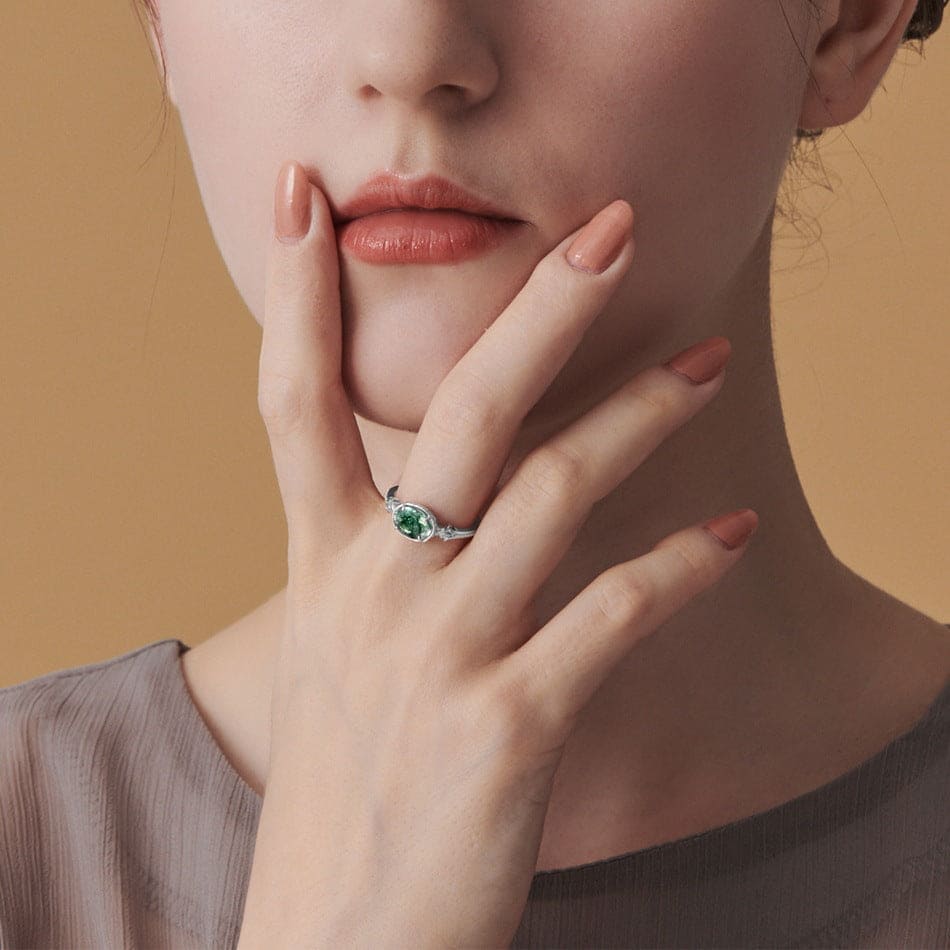 オーバル 天然モスアゲート リーフ彫刻リング - S925スターリングシルバー